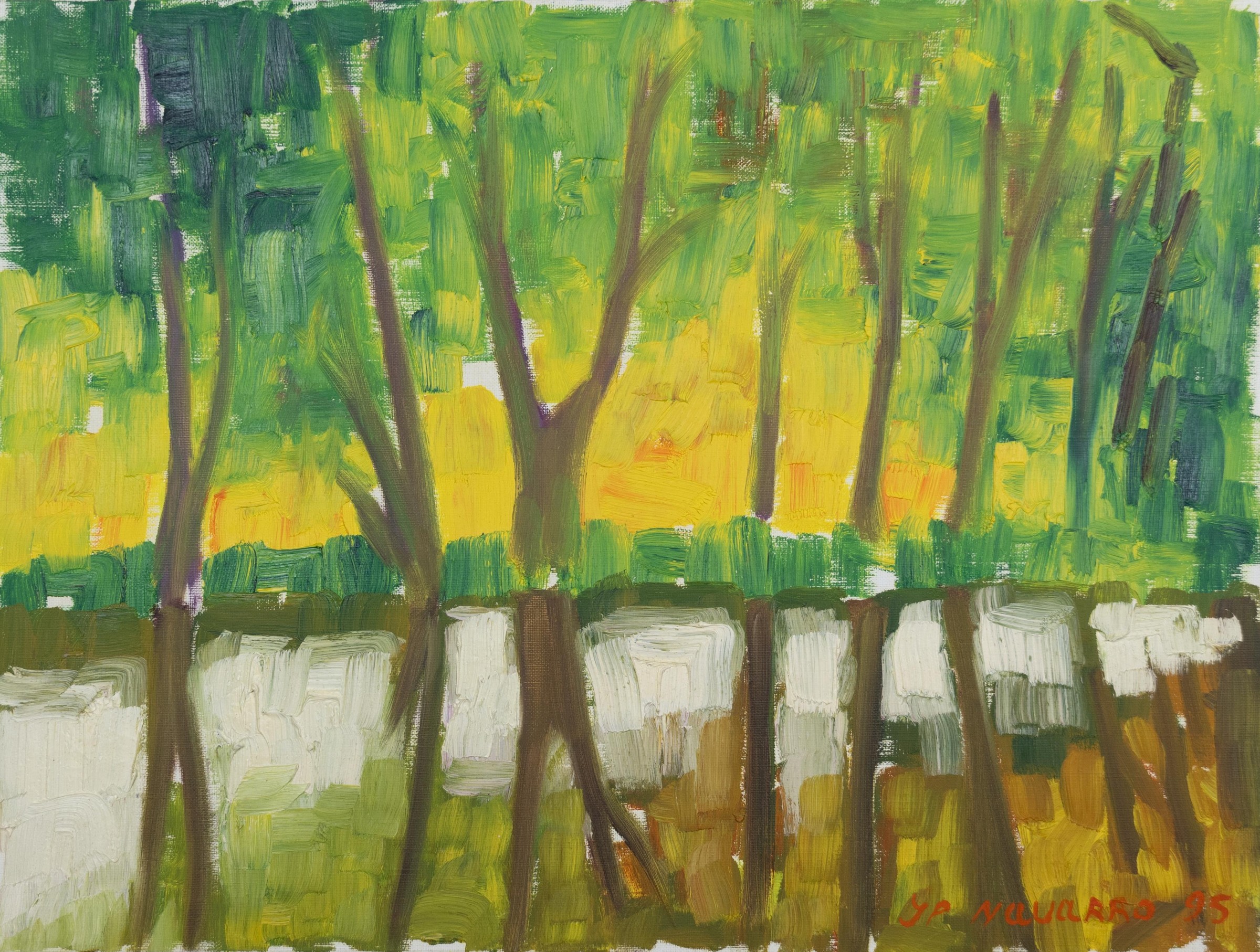 Troncs d’arbres devant la rivière l'Ognon et un feuillage vert et jaune dense
