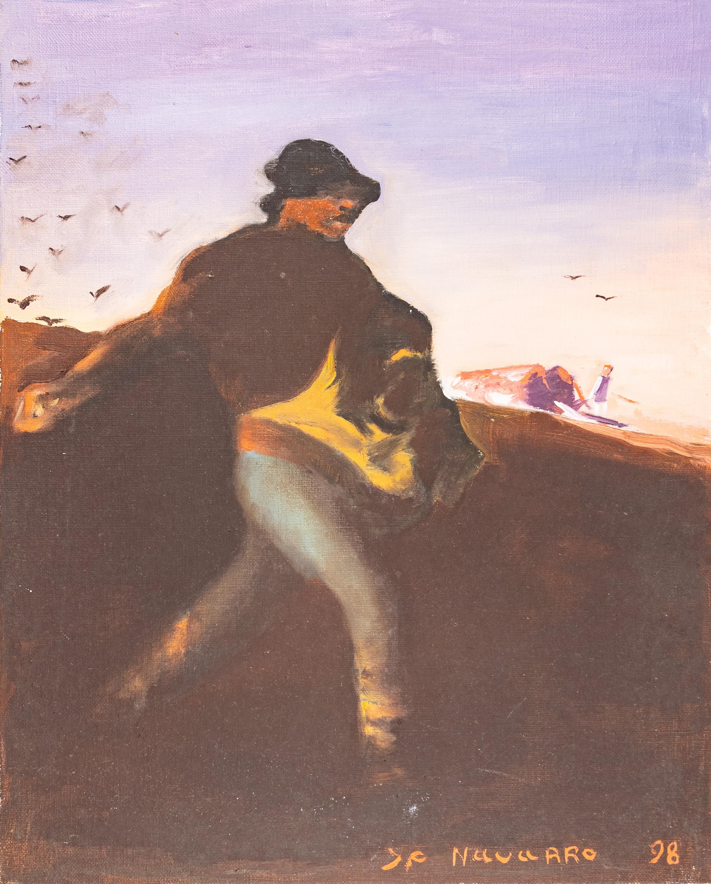 Personnage en mouvement lançant des graines dans un paysage rural avec des oiseaux.