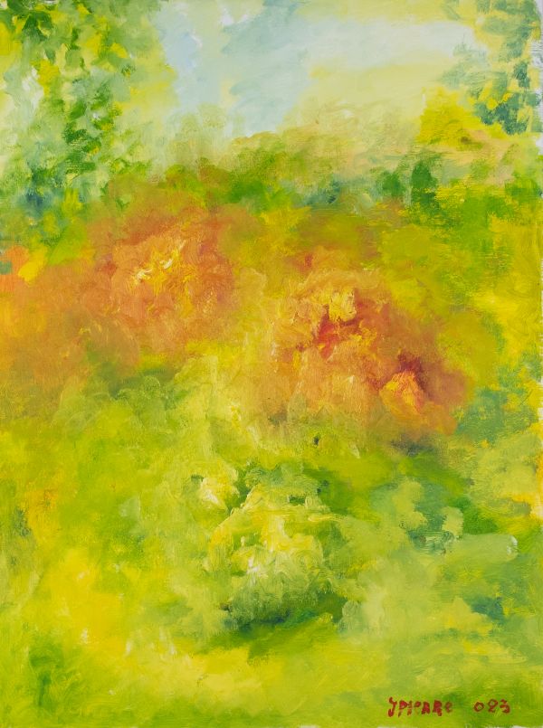 Paysage naturel verdoyant aux tons verts et jaunes avec touches d’orange