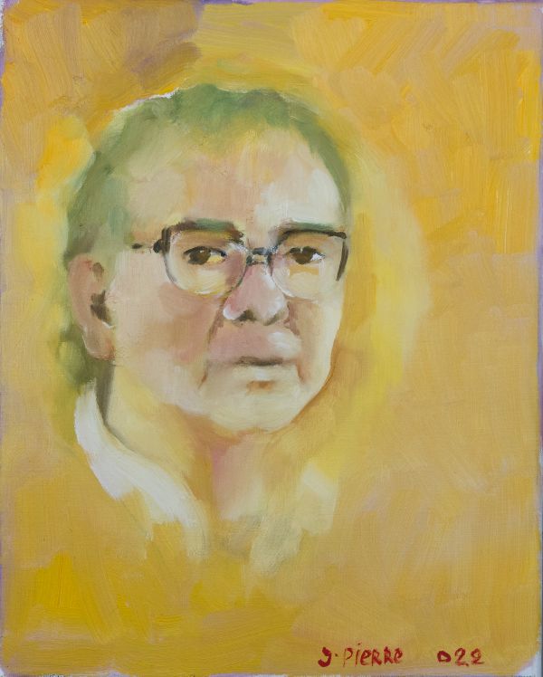 Autoportrait du peintre avec expression sereine sur fond neutre