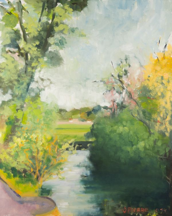 Rivière bordée de végétation aux teintes vertes et jaunes sous un ciel clair