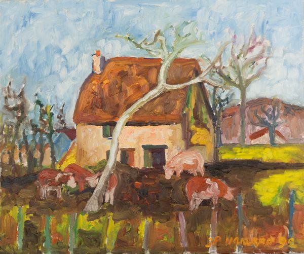 Maison de ferme avec des cochons dans un enclos et des arbres sans feuilles sous un ciel clair