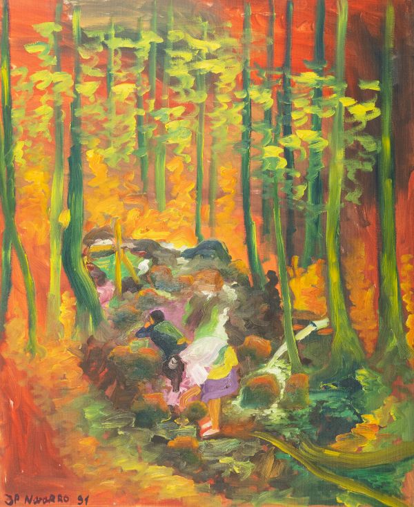 forêt, arbres, troncs verticaux, sous-bois, deux personnes, vêtements clairs, silhouettes, couleurs chaudes, jaune, orange, rouge, scène en extérieur