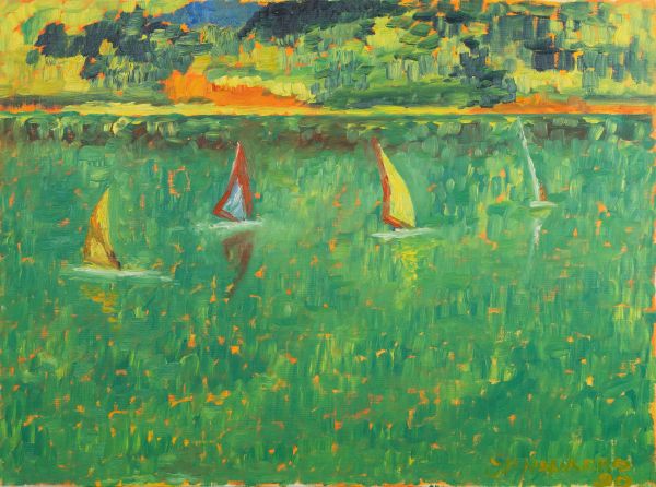 Quatre planches à voiles sur une étendue d’eau verte avec des reflets et une rive en arrière-plan