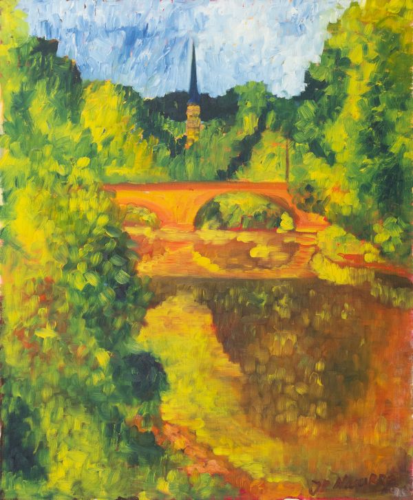 pont, arches, rivière, reflet, arbres, végétation dense, vert, jaune, clocher d’église, flèche, paysage