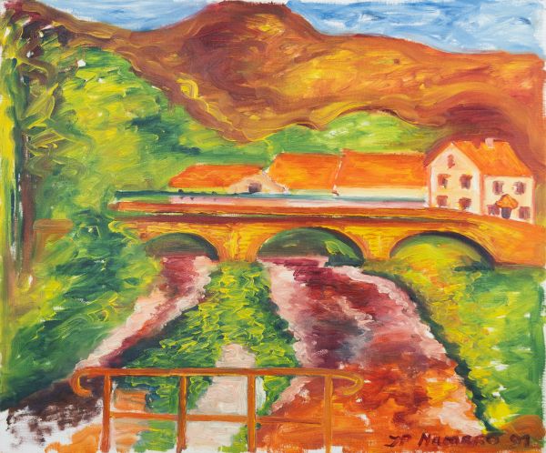 pont en pierre, rivière, village, maisons aux toits rouges, colline, paysage
