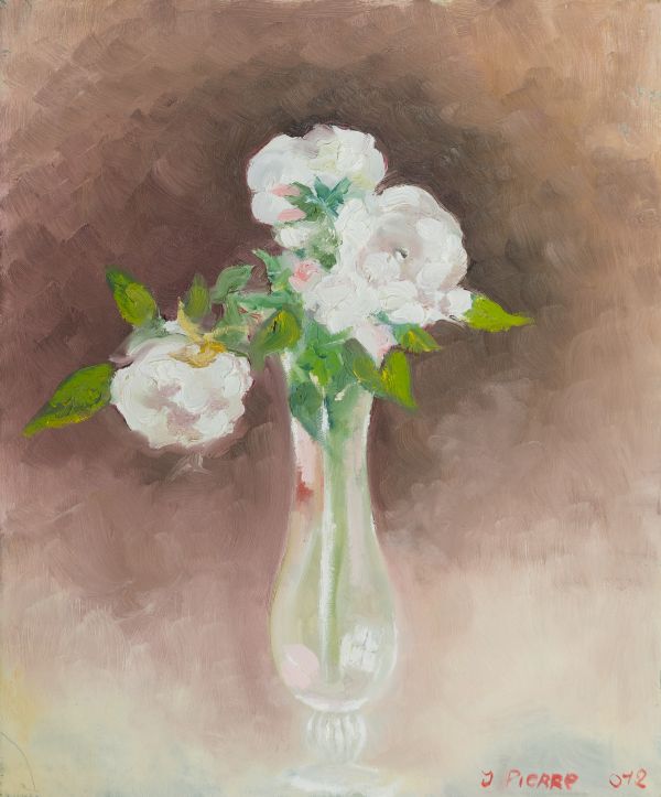 Peinture représentant un vase en verre vertical au centre, contenant un petit bouquet de fleurs blanches, sur un fond brun.