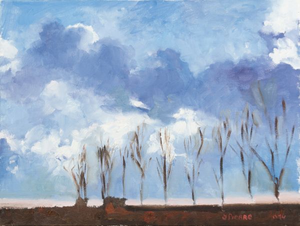 Peinture d'un ciel avec des arbres en silhouette