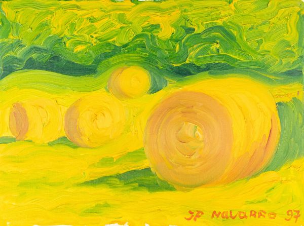 Balles de foin dans un champ de couleurs jaune et verte.