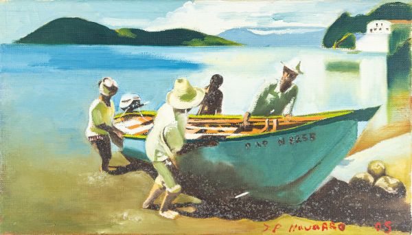 Scène de pêcheurs autour d'un bateau sur une plage avec collines en arrière-plan.