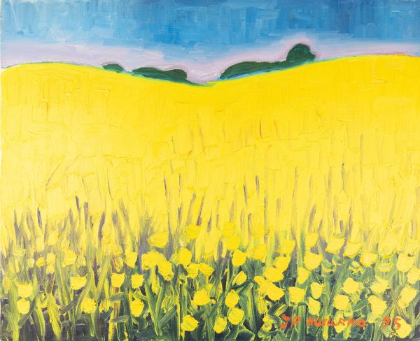 Champ de fleurs jaunes sous un ciel bleu avec des collines verdoyantes.