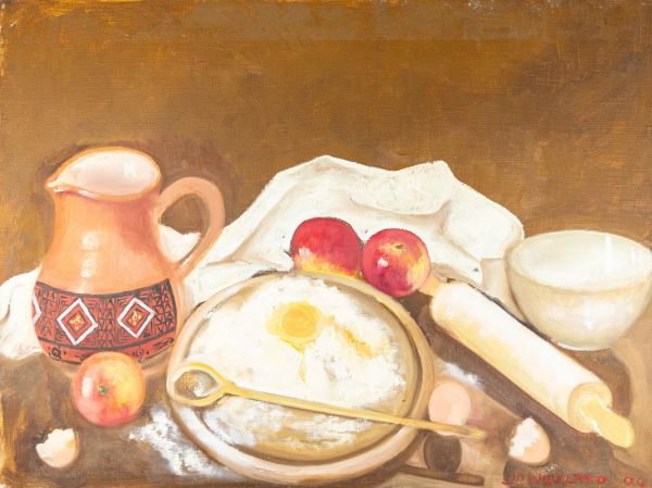 Nature morte avec pichet, pommes et ingrédients de cuisine.